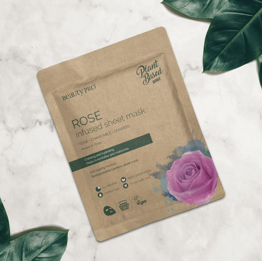 BeautyPro Rose Infused Sheet Mask packaging with rose illustration on eco-friendly material.