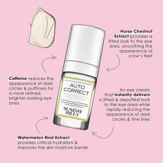 Sunday Riley Autocorrect Eye Contour Cream ingredients: caffeine, horse chestnut, and watermelon extract for brightening and depuffing.