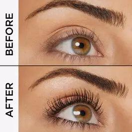 Before and after using TARTE gifted™ Amazonian clay mascara showcasing enhanced length and volume of lashes.