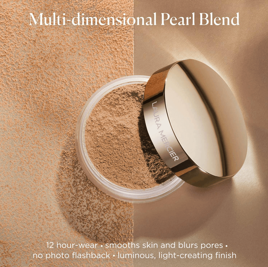 Laura Mercier Translucent Loose Setting Powder showcasing multi-dimensional pearl blend for a luminous finish.