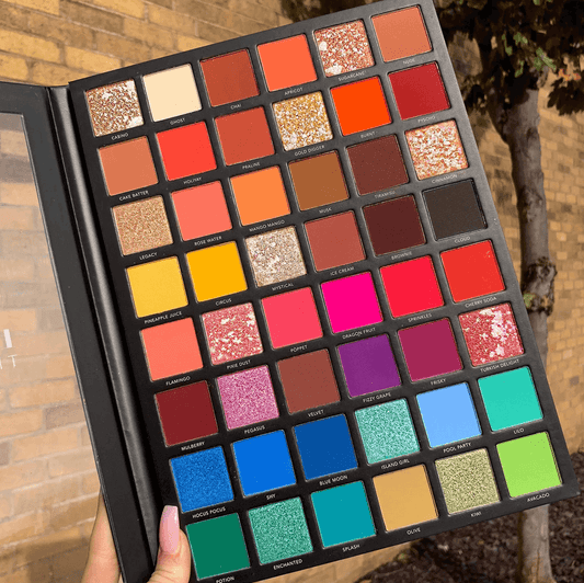 LaRoc Cosmetics PRO Artistry Book featuring 48 vibrant eyeshadow shades, showcasing bold colors and unique finishes.