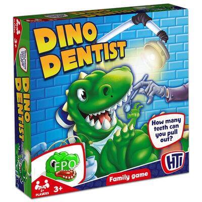 Dino Dentist game box showcasing a dinosaur with a funny dental theme for family fun and excitement.