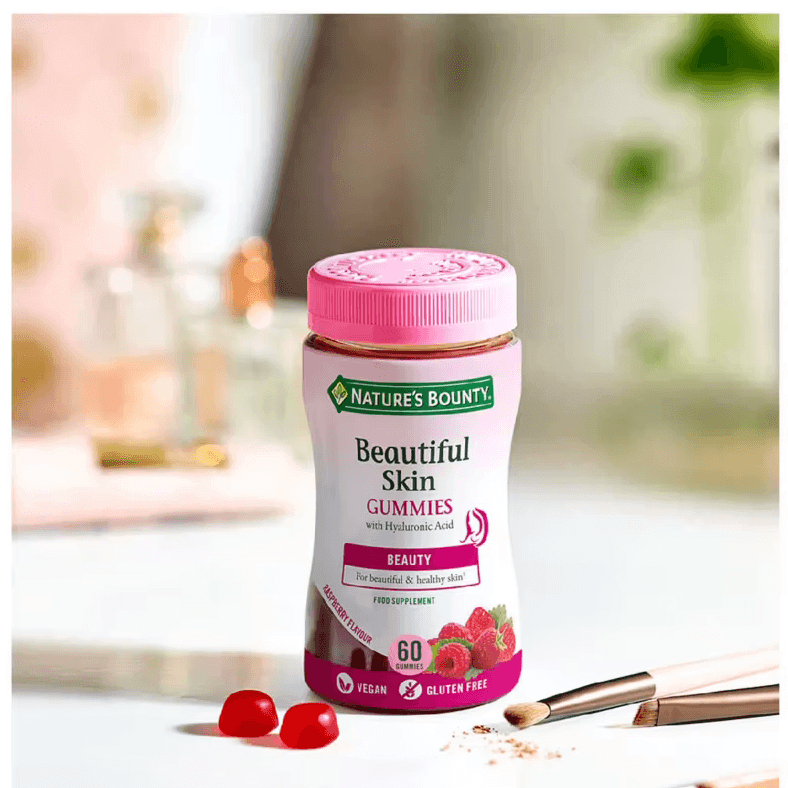 Nature's Bounty Beautiful Skin Gummies with Hyaluronic Acid, Raspberry flavor, 60 vegan gummies for healthy skin and nails.
