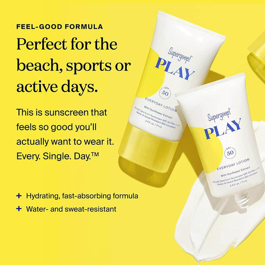Supergoop! Play Everyday Lotion SPF 50, hydrating and fast-absorbing, perfect for beach and active days.