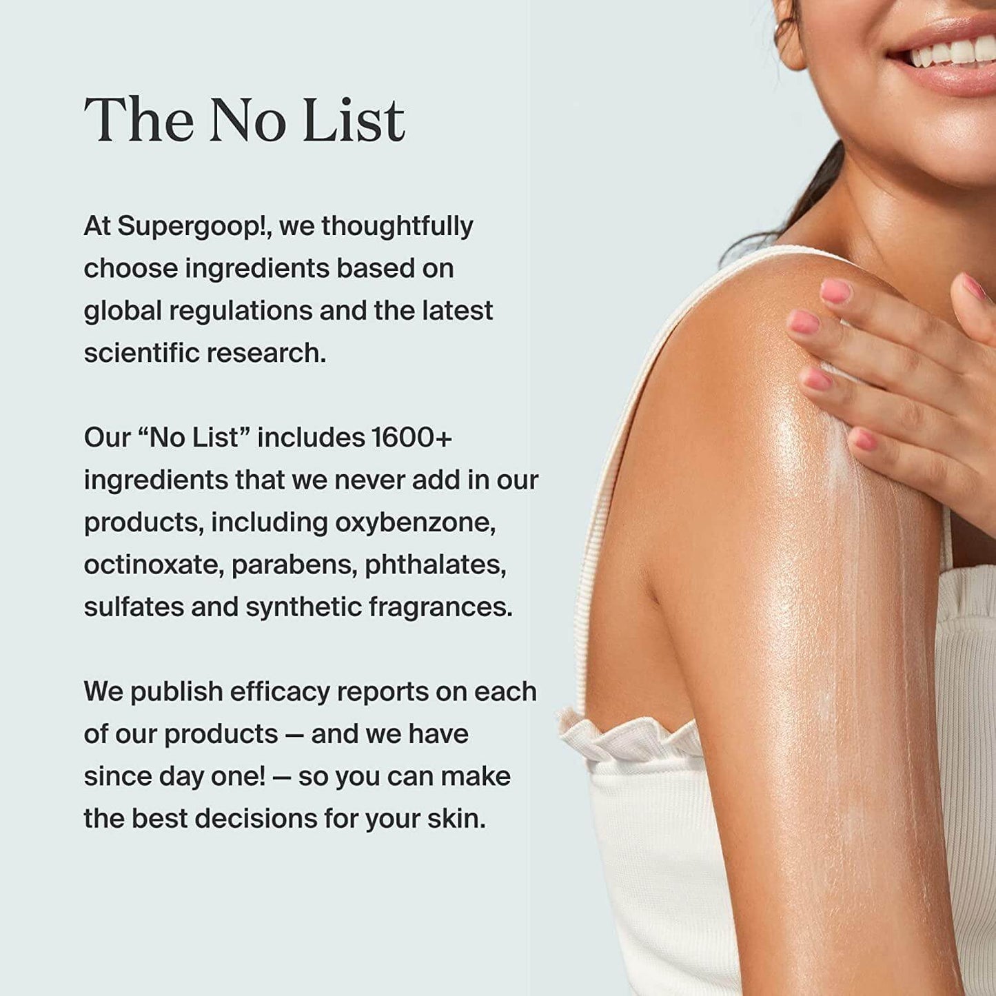 Supergoop! No List detailing 1600+ harmful ingredients excluded from products for safe skincare.