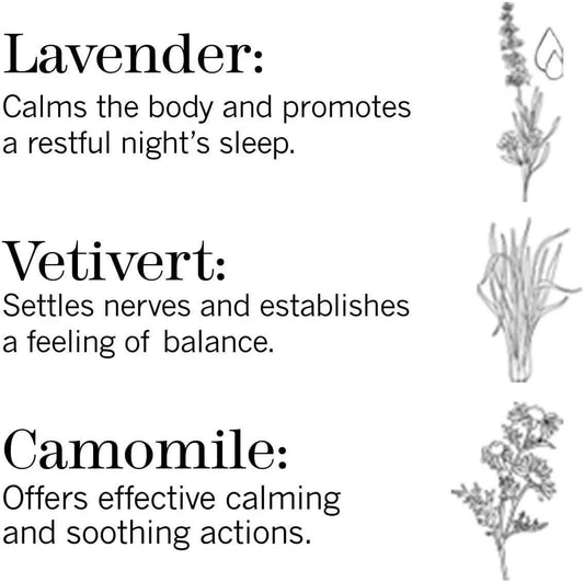 Text explaining benefits of Lavender, Vetivert, and Camomile for restful sleep and calming effects.