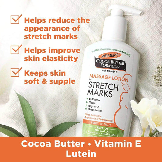 Palmer's Cocoa Butter Stretch Mark Lotion 250ml, promotes elasticity, softens skin, and reduces stretch marks.