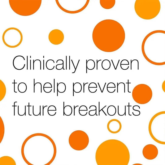 Text graphic stating "Clinically proven to help prevent future breakouts" with colorful circles design.