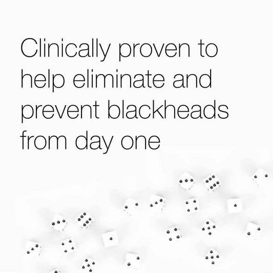 Text showcasing clinical proof of blackhead elimination with background dice, emphasizing skincare benefits.