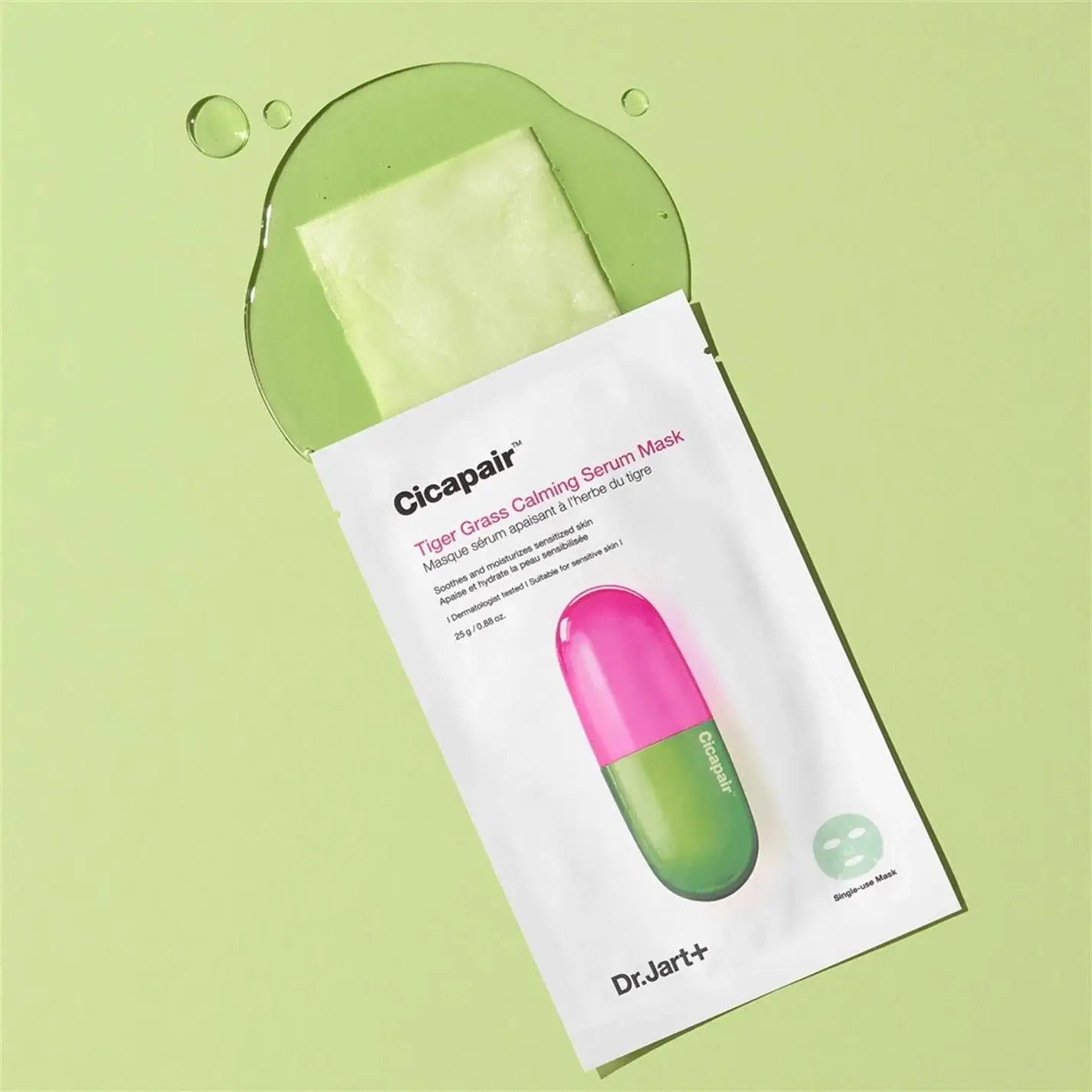 Dr. Jart Cicapair™ Tiger Grass Calming Serum Mask 25g with serum, designed to soothe irritated skin and reduce redness.