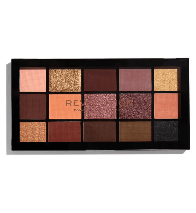 Revolution Reloaded Eyeshadow Palette in Velvet Rose featuring 15 rich shades of beiges, browns, and striking shimmers.