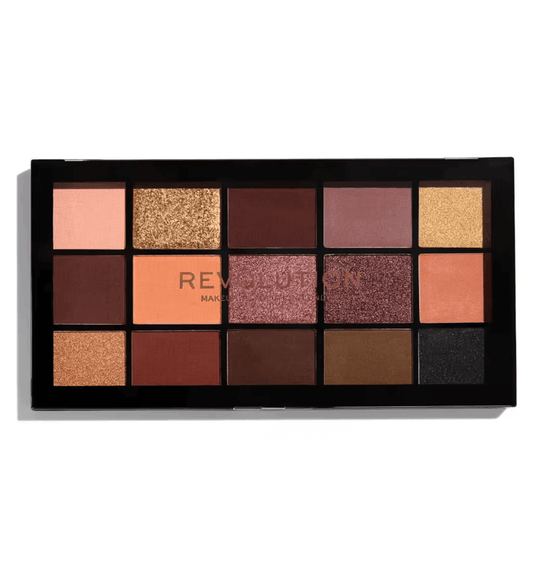 Revolution Reloaded Eyeshadow Palette in Velvet Rose featuring 15 rich shades of beiges, browns, and striking shimmers.