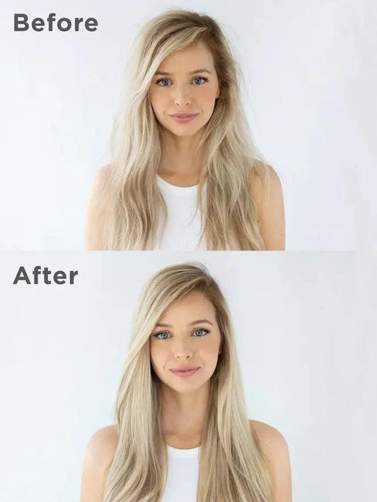 Before and after results of hair transformation using Briogeo Be Gentle, Be Kind Avocado + Kiwi Moisture Mask.