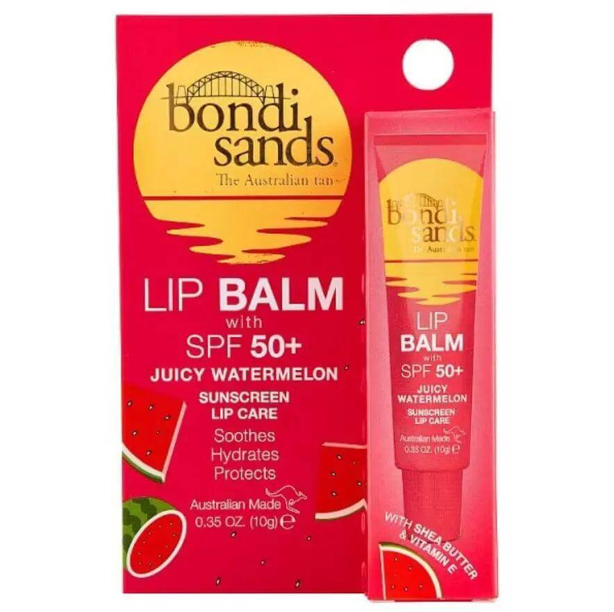 Bondi Sands SPF50+ Lip Balm 10g with Juicy Watermelon flavor, sun protection for soft, hydrated lips.
