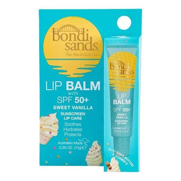 Bondi Sands SPF50+ Lip Balm 10g sweet vanilla packaging, nourishing lip care for sun protection.