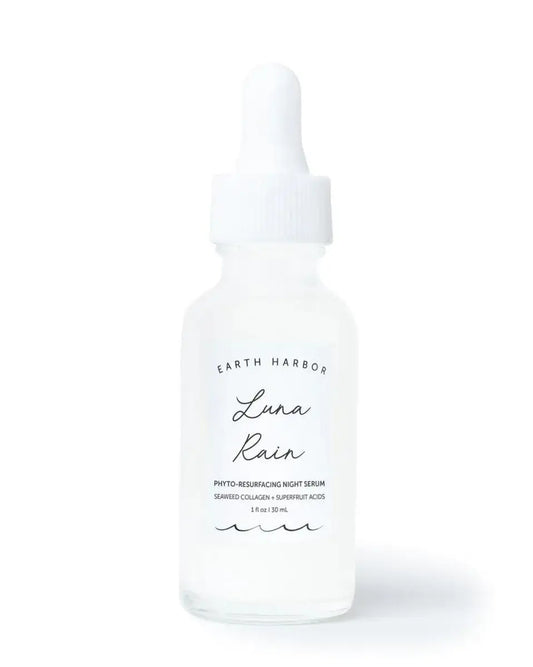 Earth Harbour Luna Rain Phyto-Resurfacing Night Serum in a dropper bottle for brightening and smoothing skin.