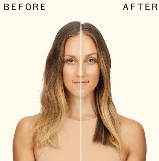 Before and after using Amika Flashinstant Shine Mask, showcasing radiant, shiny hair transformation.