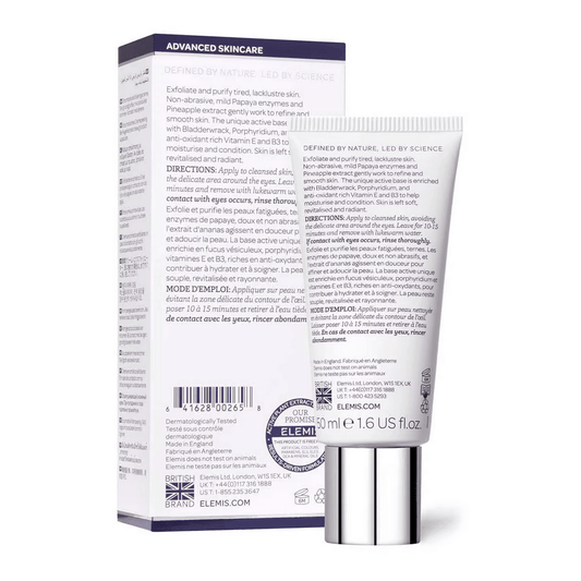 ELEMIS Papaya Enzyme Peel packaging featuring advanced skincare details and benefits for brightening and clarifying skin.