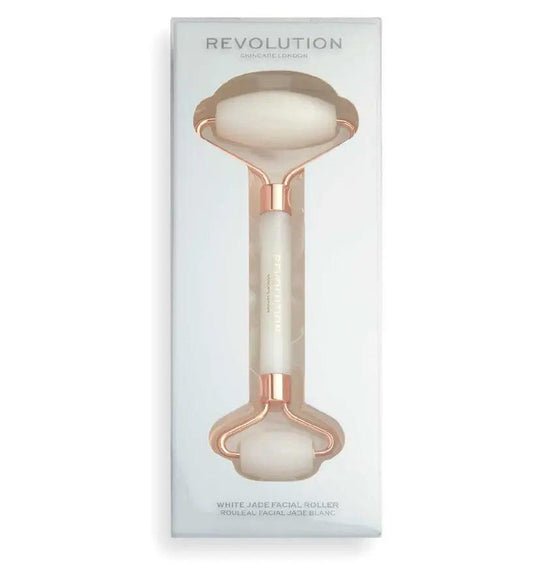 Revolution Skincare White Jade Roller in packaging, designed to depuff and rejuvenate skin.
