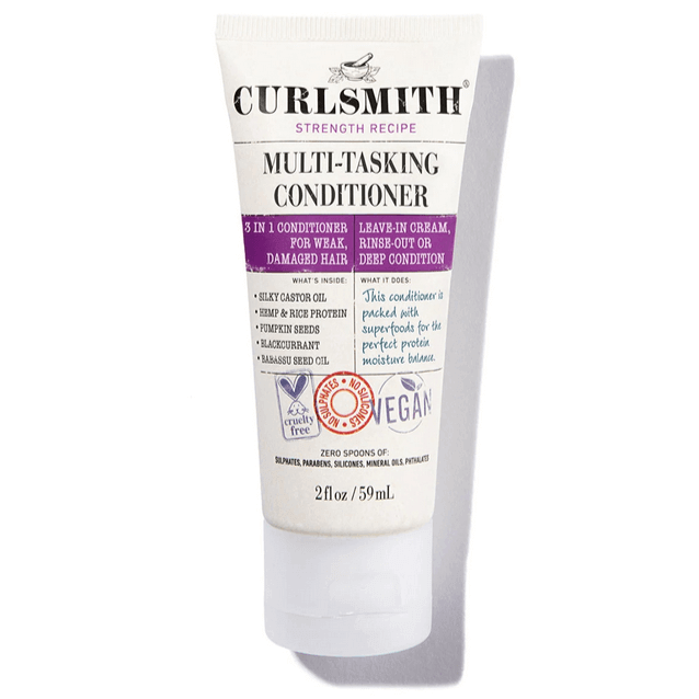 Curlsmith multitasking conditioner travel size 59ml, ideal for damaged hair and suitable for all curl types.