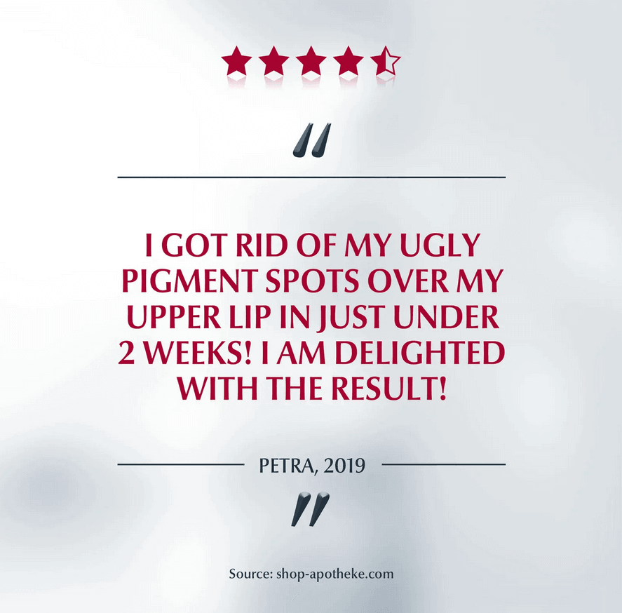 Customer testimonial praising Eucerin Anti-Pigment Spot Corrector for reducing spots in 2 weeks.