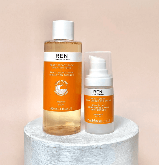 REN Clean Skincare It's All Glow Set featuring Ready Steady Glow Daily AHA Tonic and Brightening Dark Circle Eye Cream.