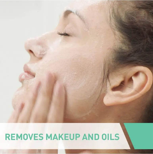 Woman using CeraVe Foaming Cleanser to remove makeup and oils from her face.