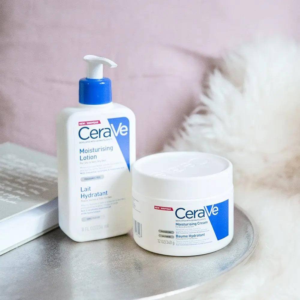 CeraVe Moisturising Lotion and Cream on a silver tray, promoting hydration and skin barrier protection.
