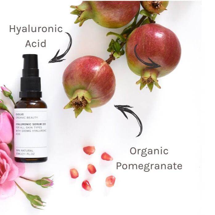 Evolve Hyaluronic Serum with organic pomegranate and hyaluronic acid for hydration and skin plumping.