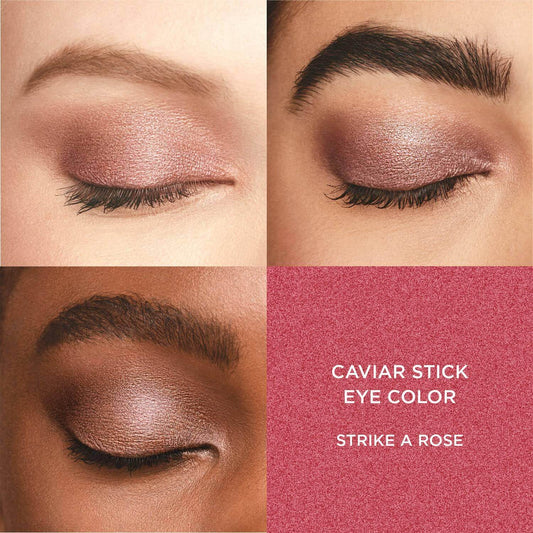 Three close-up eye looks featuring Laura Mercier Caviar Stick Eye Colour in Strike a Rose, showcasing its versatile shades.