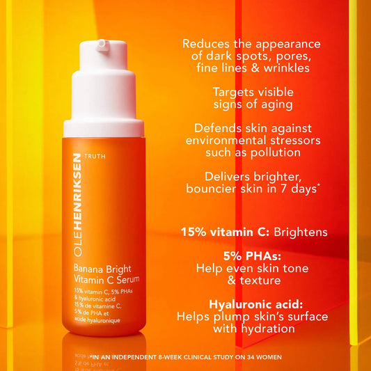 OLE HENRIKSEN Banana Bright™ Vitamin C Serum, 15ml, brightens skin, targets aging, hydrates with hyaluronic acid.