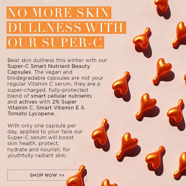 Oskia Super C capsules on a surface, promoting radiant skin and enriched with nutrients for youthful glow.