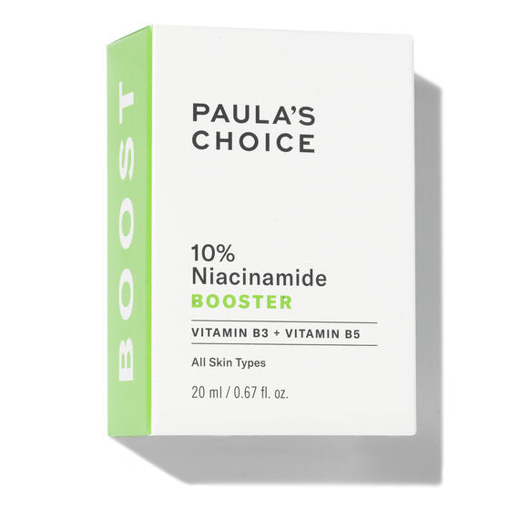 Paula's Choice 10% Niacinamide Booster 20ML box packaging, showcasing vitamin B3 and B5 benefits for all skin types.