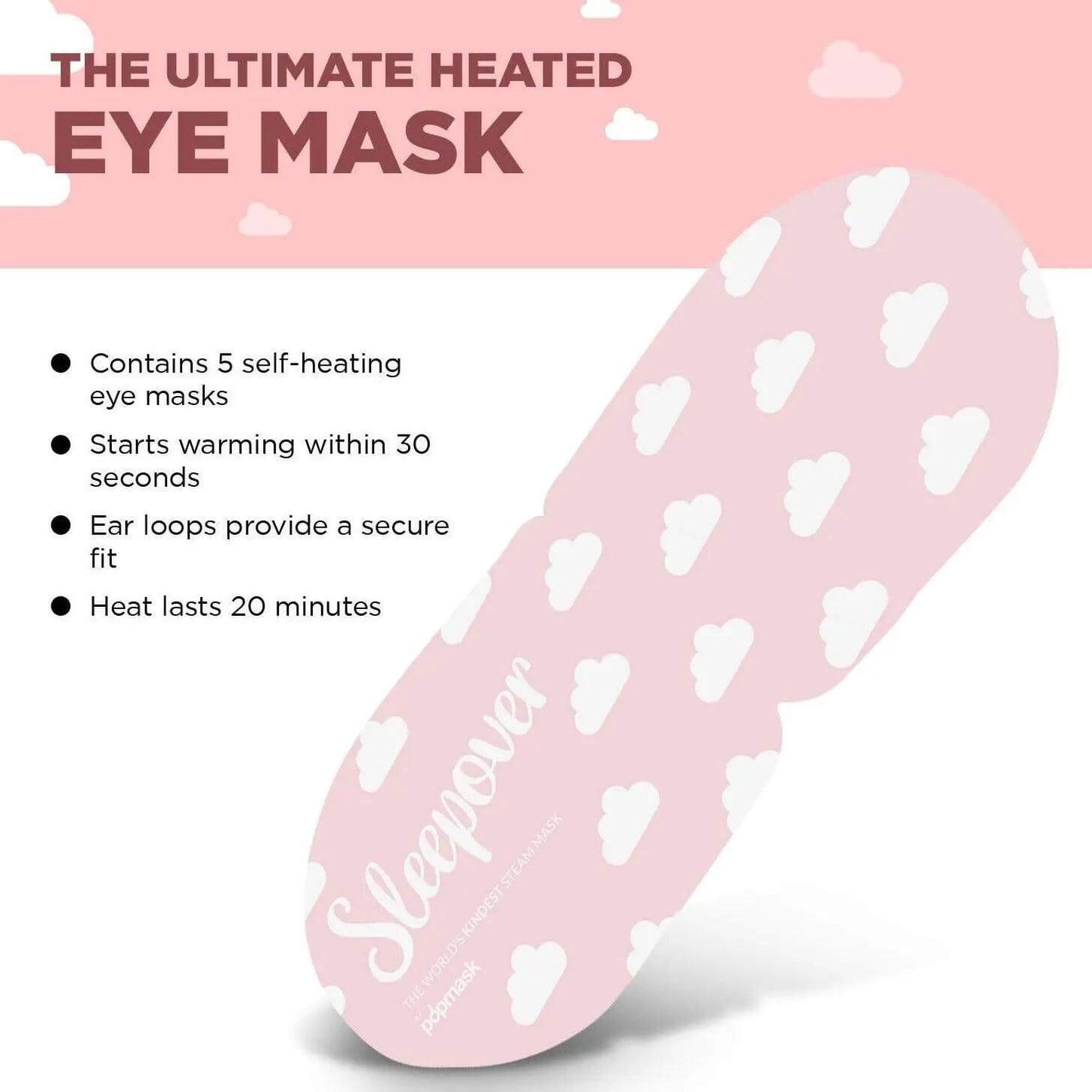 Popmask Sleepover self-heating eye mask on a pink background, featuring cloud design and details about warming time and secure fit.
