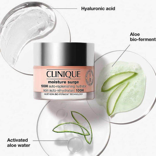 CLINIQUE Moisture Surge 100H Auto-Replenishing Hydrator, highlighting ingredients: hyaluronic acid, aloe bio-ferment, and activated aloe water.