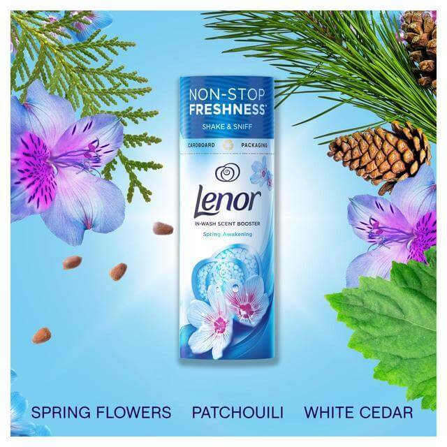 Lenor In-Wash Scent Booster Spring Awakening with spring flowers, patchouli, and white cedar for lasting freshness.