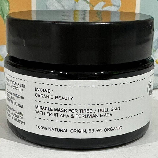 Evolve Organic Beauty Miracle Mask 30ml jar, featuring AHA fruit acids and Peruvian Maca for all skin types.