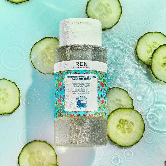 Ren Clean Skincare Limited Edition Daily AHA Tonic with cucumber slices, perfect for summer glow and refreshed skin.