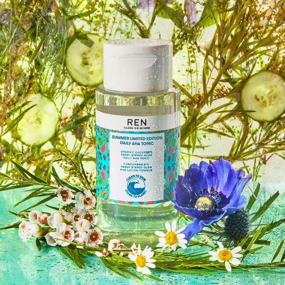 Ren Clean Skincare Limited Edition Daily AHA Tonic 250ml with summer-themed packaging and floral accents.