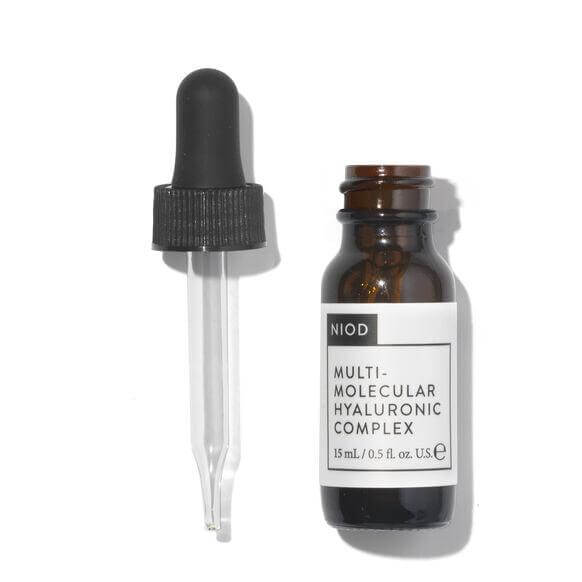 NIOD Multi-Molecular Hyaluronic Complex 15ml serum bottle with dropper for deep hydration and skin plumping.