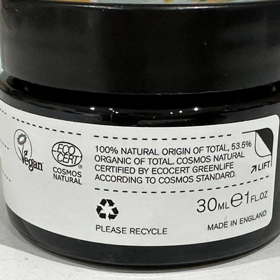 EVOLVE Organic Beauty Miracle Mask 30ml jar, showcasing eco-friendly and vegan labeling for natural skincare.