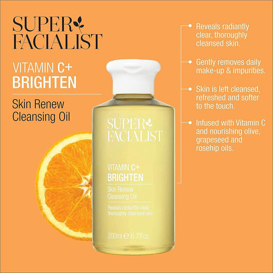Superfacialist Vitamin C+ Skin Renew Cleansing Oil, 200ml, brightens skin, removes makeup, infused with olive and grape seed oils.
