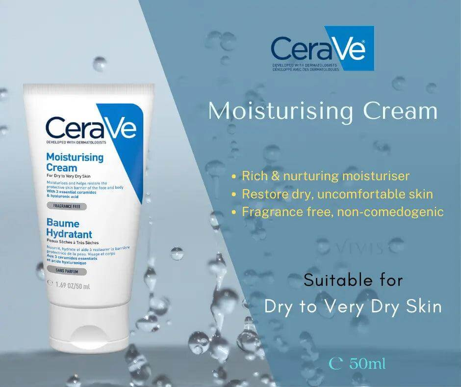 CeraVe Moisturising Cream 50ml tube with water droplets for dry to very dry skin hydration.