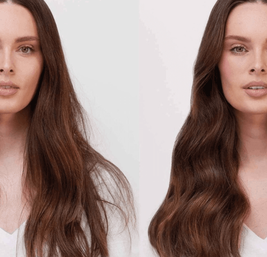 Before and after using CHRISTOPHE ROBIN Hydrating Leave-in Cream, showcasing healthy, shiny hair.