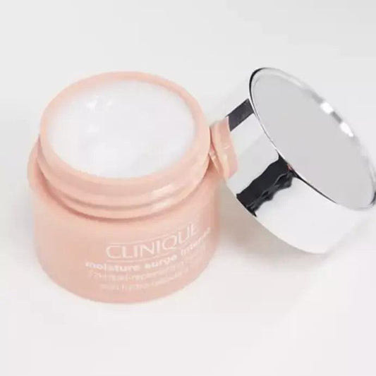 Clinique Moisture Surge Intense hydrator cream-gel in a jar with silver lid for deep hydration and skin barrier support.