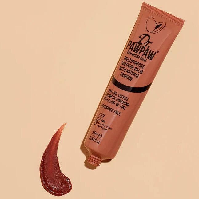 Dr.PawPaw Rich Mocha Balm 25ml tube with tinted balm swatch, ideal for lips, cheeks, and eyes, fragrance-free.