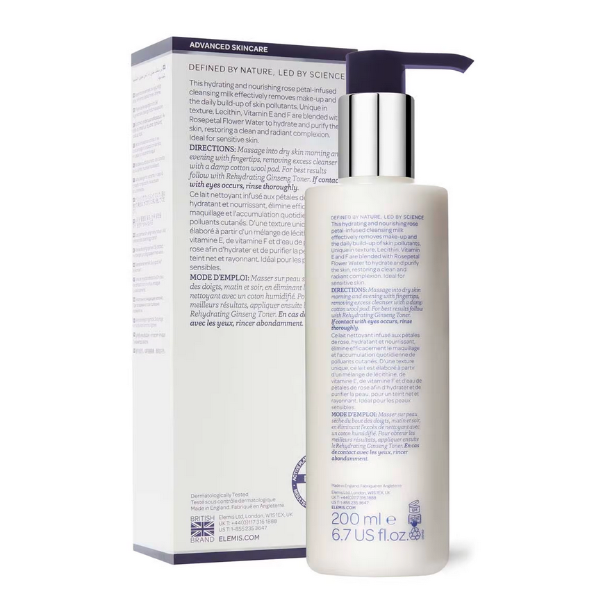 ELEMIS Rehydrating Rosepetal Cleanser 200ml with pump, ideal for normal to dry and mature skin.