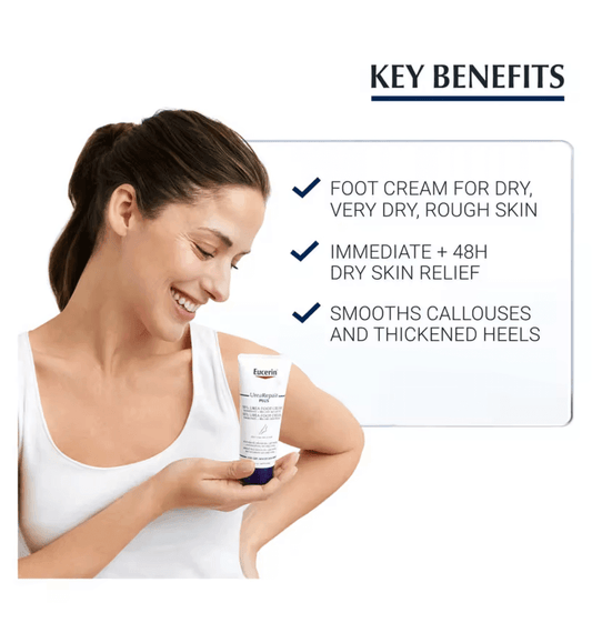 Eucerin UreaRepair Plus foot cream for dry skin, providing 48-hour relief and smoothing callouses and thickened heels.
