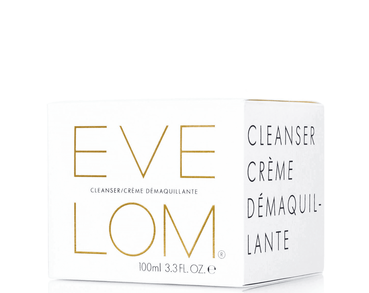 EVE LOM Cleanser 100ml box with brand name and product details, suitable for all skin types.