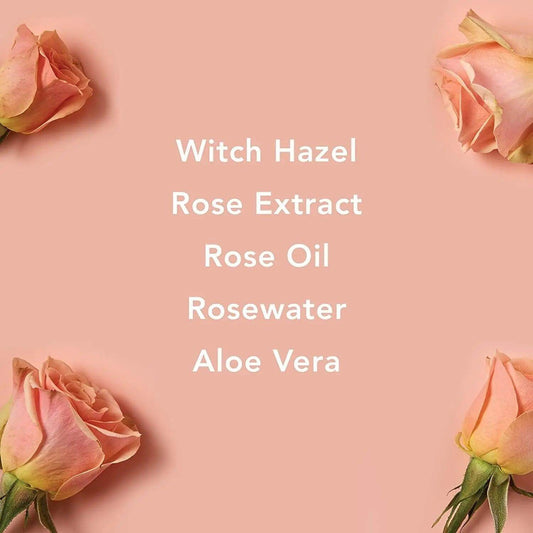 Witch Hazel and Rosewater Toner ingredients: Witch Hazel, Rose Extract, Rose Oil, Rosewater, Aloe Vera with pink roses.